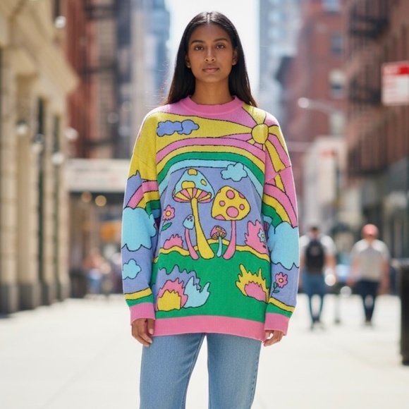 Dolls Kill Sweaters - Current Mood Dolls Kill Oversized Psychedelic Fantasy Sweater Size M Cotton